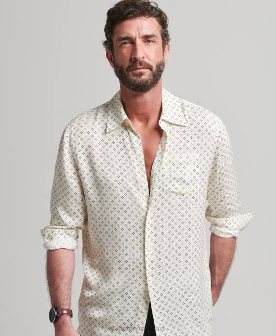 Superdry Cămașă cu mânecă lungă cu imprimeu anilor 70 îmbrăcăminte alb bărbați JX0Z145