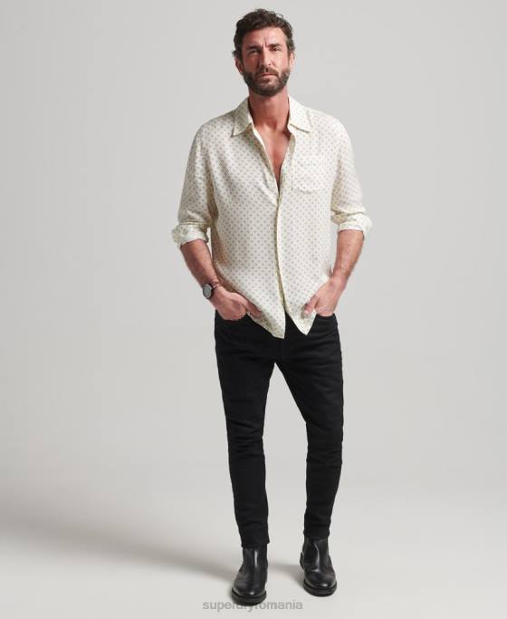 Superdry Cămașă cu mânecă lungă cu imprimeu anilor 70 îmbrăcăminte alb bărbați JX0Z145