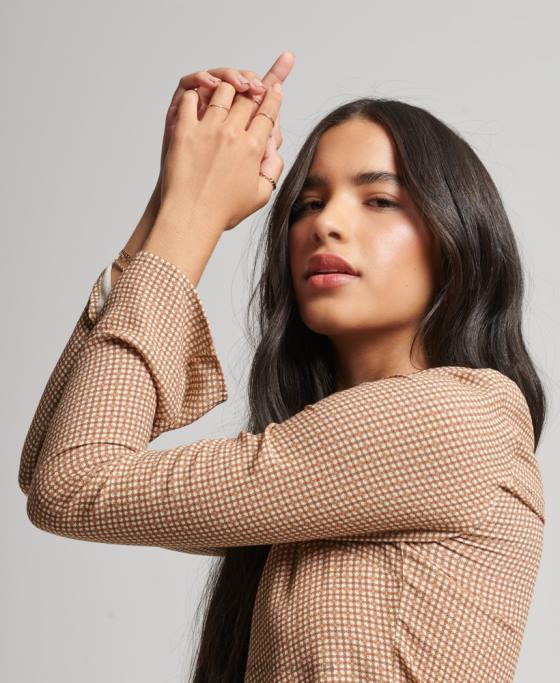 Superdry Cămașă cu mânecă lungă cu imprimeu anilor 70 îmbrăcăminte maro femei JX0Z6515