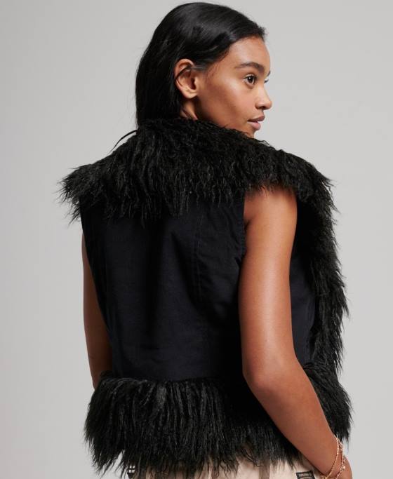 Superdry Gilet decupat afgan căptușit cu blană artificială îmbrăcăminte negru femei JX0Z3793