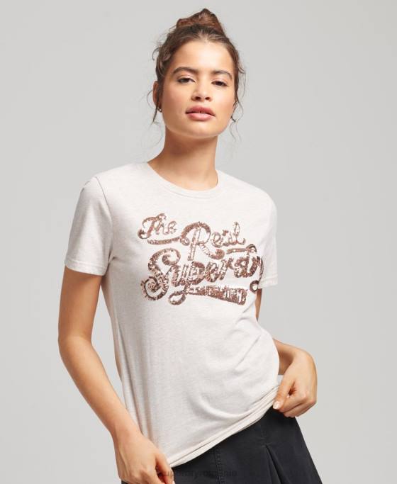 Superdry adevăratul tricou de intrare cu paiete îmbrăcăminte bej femei JX0Z2796