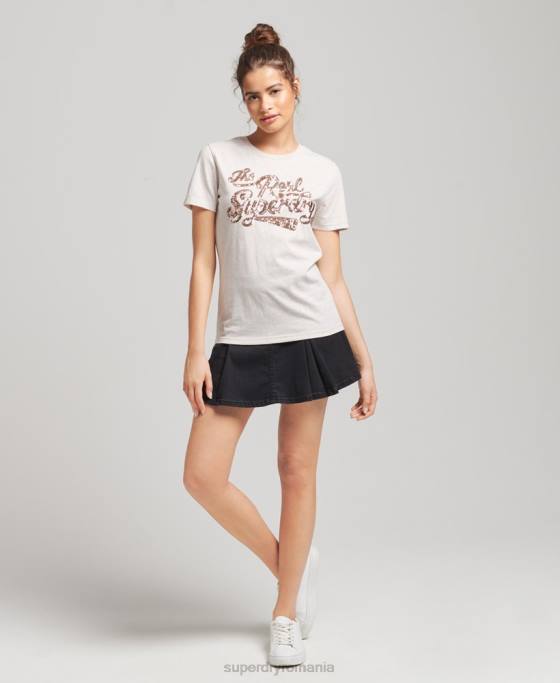 Superdry adevăratul tricou de intrare cu paiete îmbrăcăminte bej femei JX0Z2796