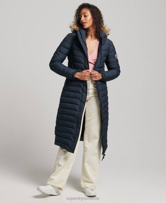 Superdry blană artificială cu glugă cu paragate căptușită ușoară îmbrăcăminte marina femei JX0Z3622