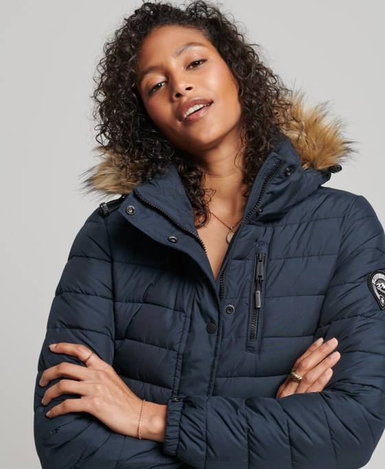 Superdry blană artificială cu glugă cu paragate căptușită ușoară îmbrăcăminte marina femei JX0Z3622