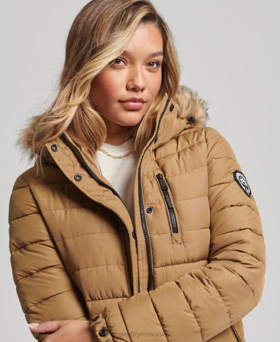 Superdry blană artificială cu glugă cu paragate căptușită ușoară îmbrăcăminte maro femei JX0Z3701