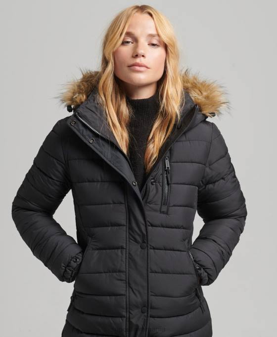Superdry blană artificială cu glugă cu paragate căptușită ușoară îmbrăcăminte negru femei JX0Z3716