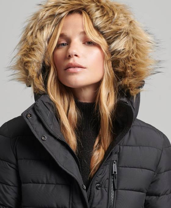 Superdry blană artificială cu glugă cu paragate căptușită ușoară îmbrăcăminte negru femei JX0Z3716