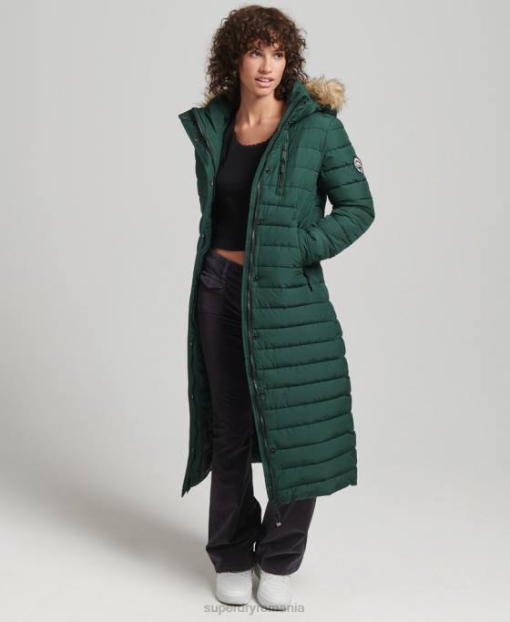 Superdry blană artificială cu glugă cu paragate căptușită ușoară îmbrăcăminte verde femei JX0Z3702