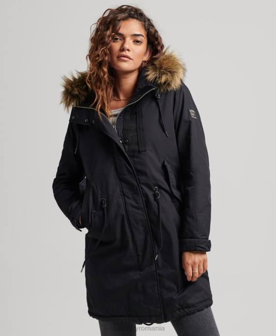 Superdry blană artificială parka militară autentică îmbrăcăminte gri inchis femei JX0Z5731