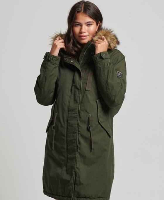 Superdry blană artificială parka militară autentică îmbrăcăminte verde femei JX0Z5493