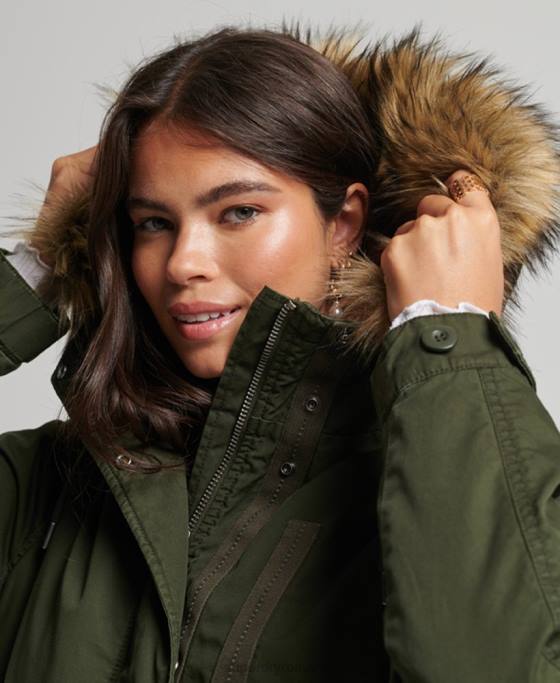 Superdry blană artificială parka militară autentică îmbrăcăminte verde femei JX0Z5493