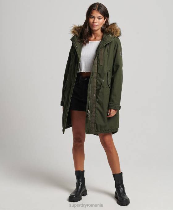 Superdry blană artificială parka militară autentică îmbrăcăminte verde femei JX0Z5493