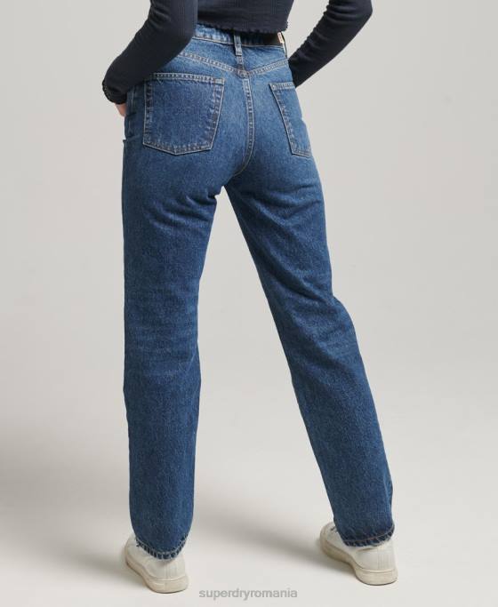 Superdry blugi drepti cu talie mare din bumbac organic îmbrăcăminte albastru inchis femei JX0Z3892