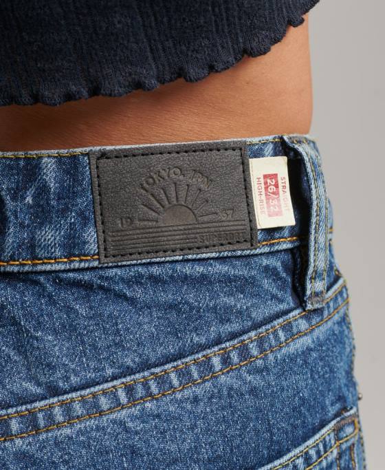 Superdry blugi drepti cu talie mare din bumbac organic îmbrăcăminte albastru inchis femei JX0Z3892