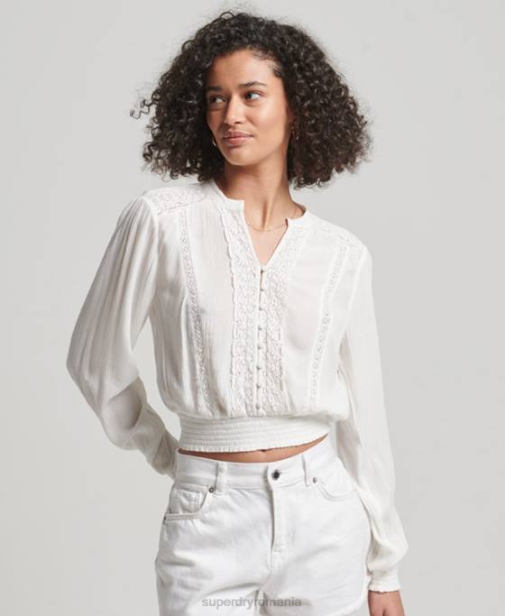 Superdry bluză cu mânecă lungă cu garnitură din dantelă îmbrăcăminte cremă femei JX0Z2270