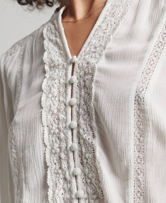 Superdry bluză cu mânecă lungă cu garnitură din dantelă îmbrăcăminte cremă femei JX0Z2270