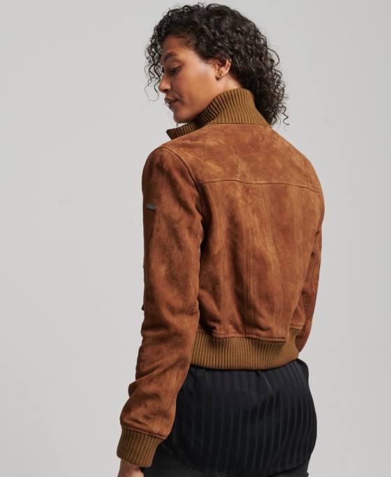 Superdry bomber din piele intoarsa cu guler tricotat studios îmbrăcăminte bronzat femei JX0Z3535