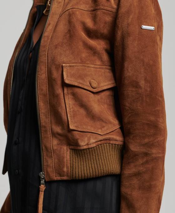 Superdry bomber din piele intoarsa cu guler tricotat studios îmbrăcăminte bronzat femei JX0Z3535