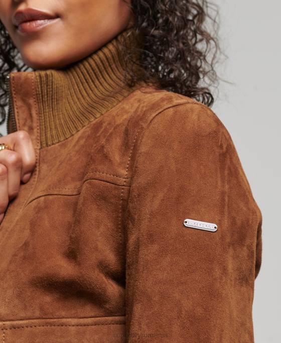 Superdry bomber din piele intoarsa cu guler tricotat studios îmbrăcăminte bronzat femei JX0Z3535