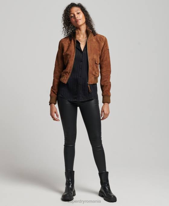 Superdry bomber din piele intoarsa cu guler tricotat studios îmbrăcăminte bronzat femei JX0Z3535