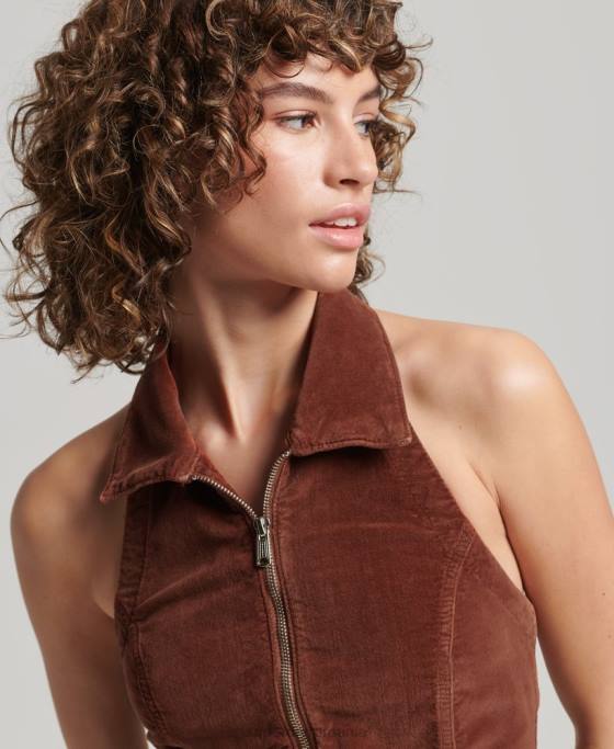 Superdry cu fermoar cu guler prin top din catifea îmbrăcăminte maro femei JX0Z2092