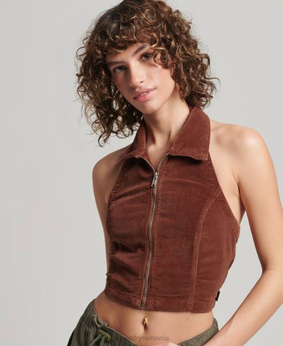 Superdry cu fermoar cu guler prin top din catifea îmbrăcăminte maro femei JX0Z2092