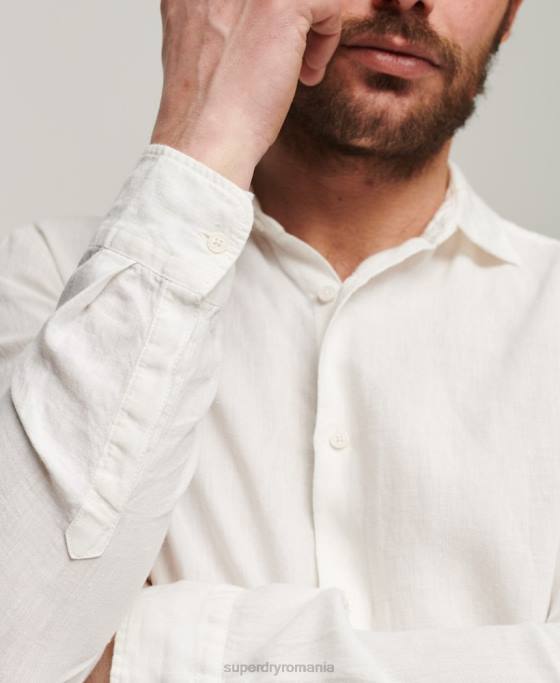 Superdry cămașă casual din in cu mânecă lungă îmbrăcăminte alb bărbați JX0Z144
