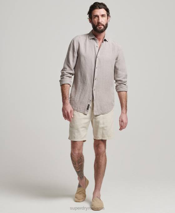Superdry cămașă casual din in cu mânecă lungă îmbrăcăminte gri inchis bărbați JX0Z134