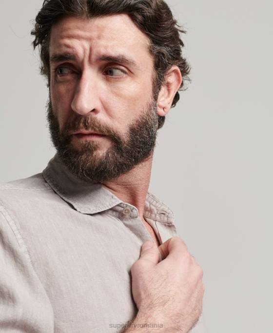 Superdry cămașă casual din in cu mânecă lungă îmbrăcăminte gri inchis bărbați JX0Z134