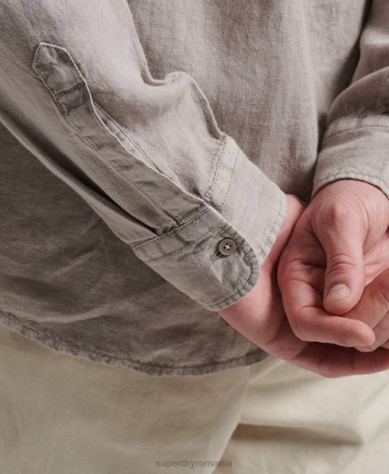 Superdry cămașă casual din in cu mânecă lungă îmbrăcăminte gri inchis bărbați JX0Z134