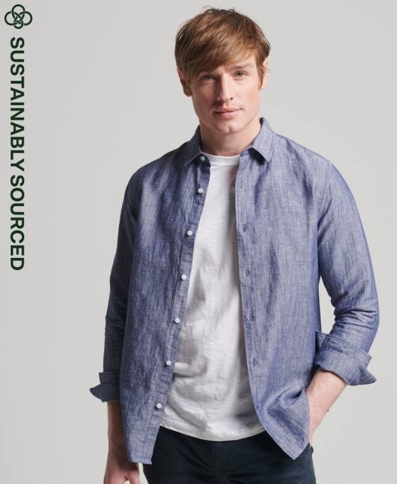 Superdry cămașă cu mânecă lungă din bumbac organic și in îmbrăcăminte albastru inchis bărbați JX0Z6398