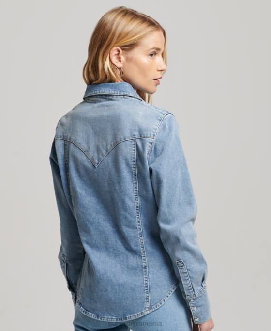 Superdry cămașă occidentală din denim din bumbac organic îmbrăcăminte albastru deschis femei JX0Z2950