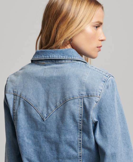 Superdry cămașă occidentală din denim din bumbac organic îmbrăcăminte albastru deschis femei JX0Z2950