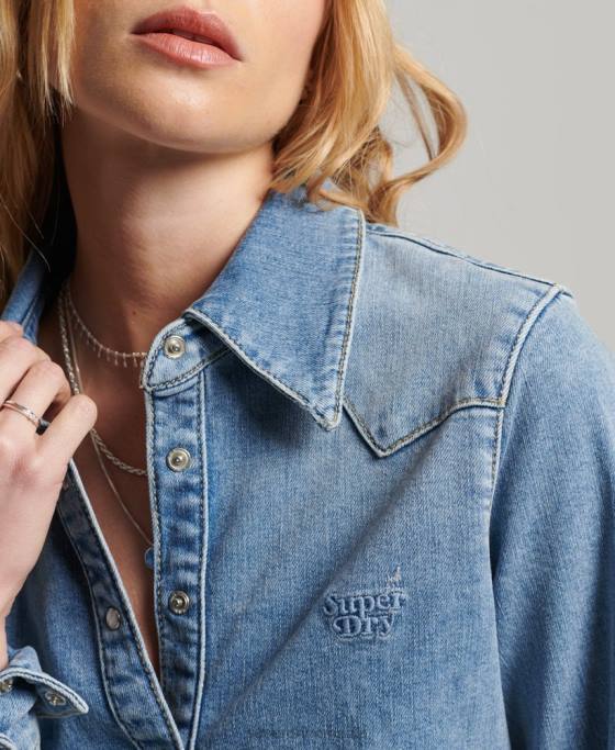 Superdry cămașă occidentală din denim din bumbac organic îmbrăcăminte albastru deschis femei JX0Z2950