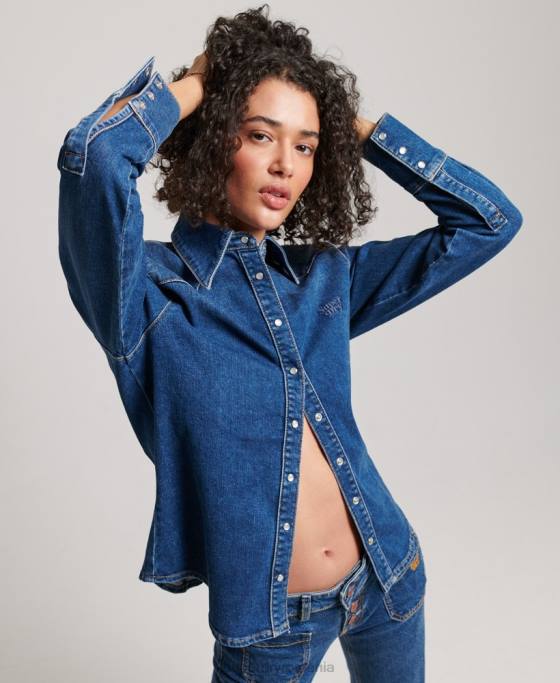 Superdry cămașă occidentală din denim din bumbac organic îmbrăcăminte albastru inchis femei JX0Z2892