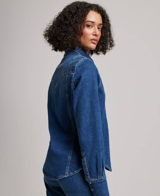 Superdry cămașă occidentală din denim din bumbac organic îmbrăcăminte albastru inchis femei JX0Z2892