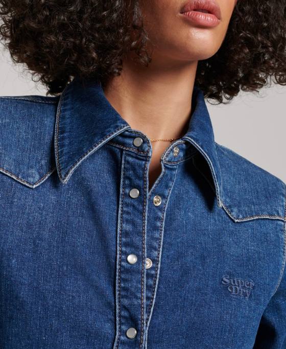 Superdry cămașă occidentală din denim din bumbac organic îmbrăcăminte albastru inchis femei JX0Z2892