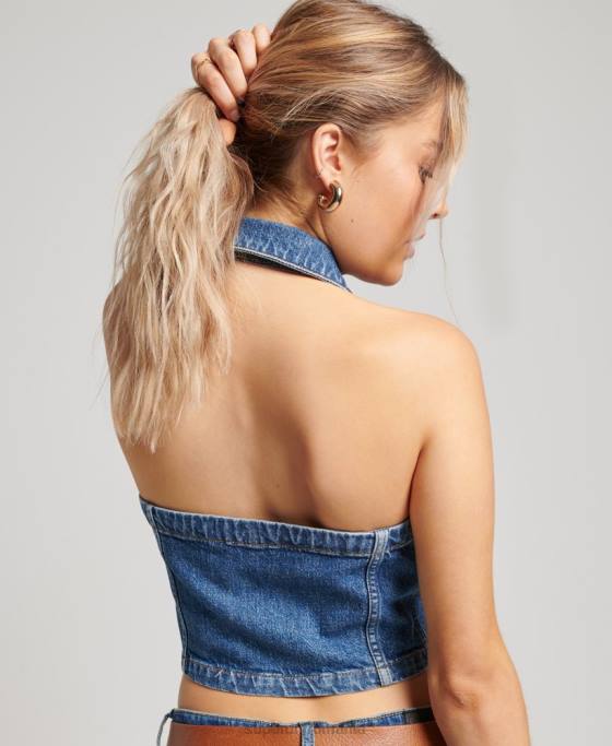 Superdry fermoar cu guler prin top din denim îmbrăcăminte albastru femei JX0Z2064