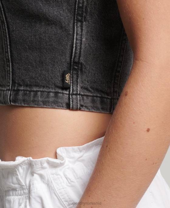 Superdry fermoar cu guler prin top din denim îmbrăcăminte gri inchis femei JX0Z2946
