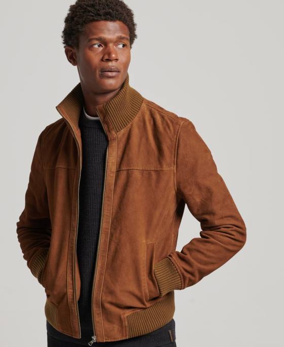 Superdry geaca bomber din piele intoarsa cu guler tricot îmbrăcăminte bronzat bărbați JX0Z1128