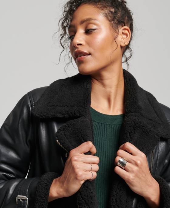 Superdry geaca de aviator din piele studios îmbrăcăminte negru femei JX0Z3569