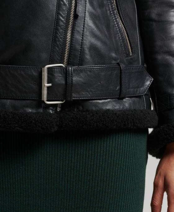 Superdry geaca de aviator din piele studios îmbrăcăminte negru femei JX0Z3569