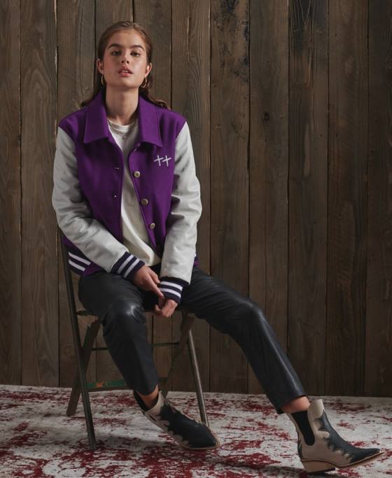 Superdry geaca varsity din piele uscata editie limitata îmbrăcăminte Violet femei JX0Z5664