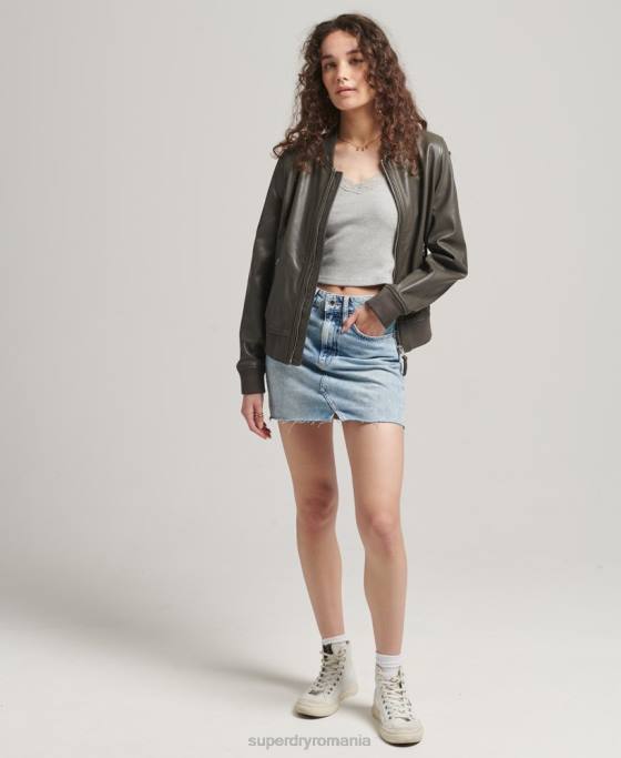 Superdry geacă bomber de zbor din piele îmbrăcăminte gri inchis femei JX0Z5620