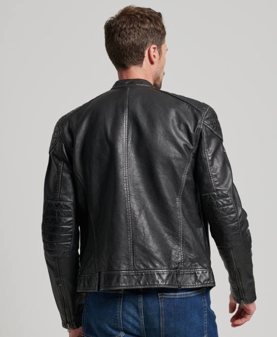 Superdry geacă de curse moto din piele de patrimoniu îmbrăcăminte negru bărbați JX0Z906