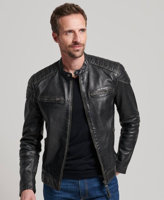 Superdry geacă de curse moto din piele de patrimoniu îmbrăcăminte negru bărbați JX0Z906