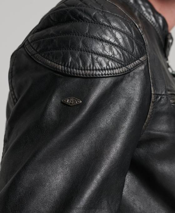 Superdry geacă de curse moto din piele de patrimoniu îmbrăcăminte negru bărbați JX0Z906