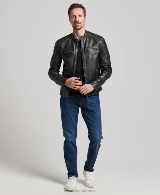 Superdry geacă de curse moto din piele de patrimoniu îmbrăcăminte negru bărbați JX0Z906