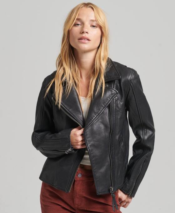 Superdry geacă de motociclist din piele de epocă îmbrăcăminte gri inchis femei JX0Z3819