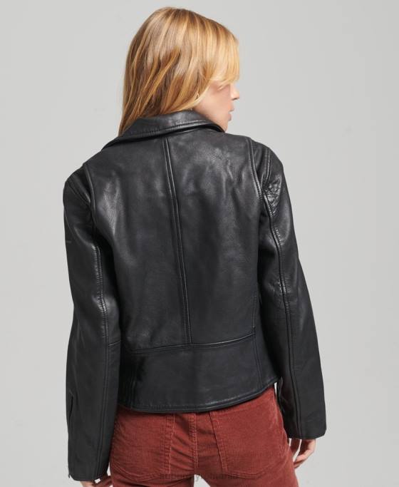 Superdry geacă de motociclist din piele de epocă îmbrăcăminte gri inchis femei JX0Z3819
